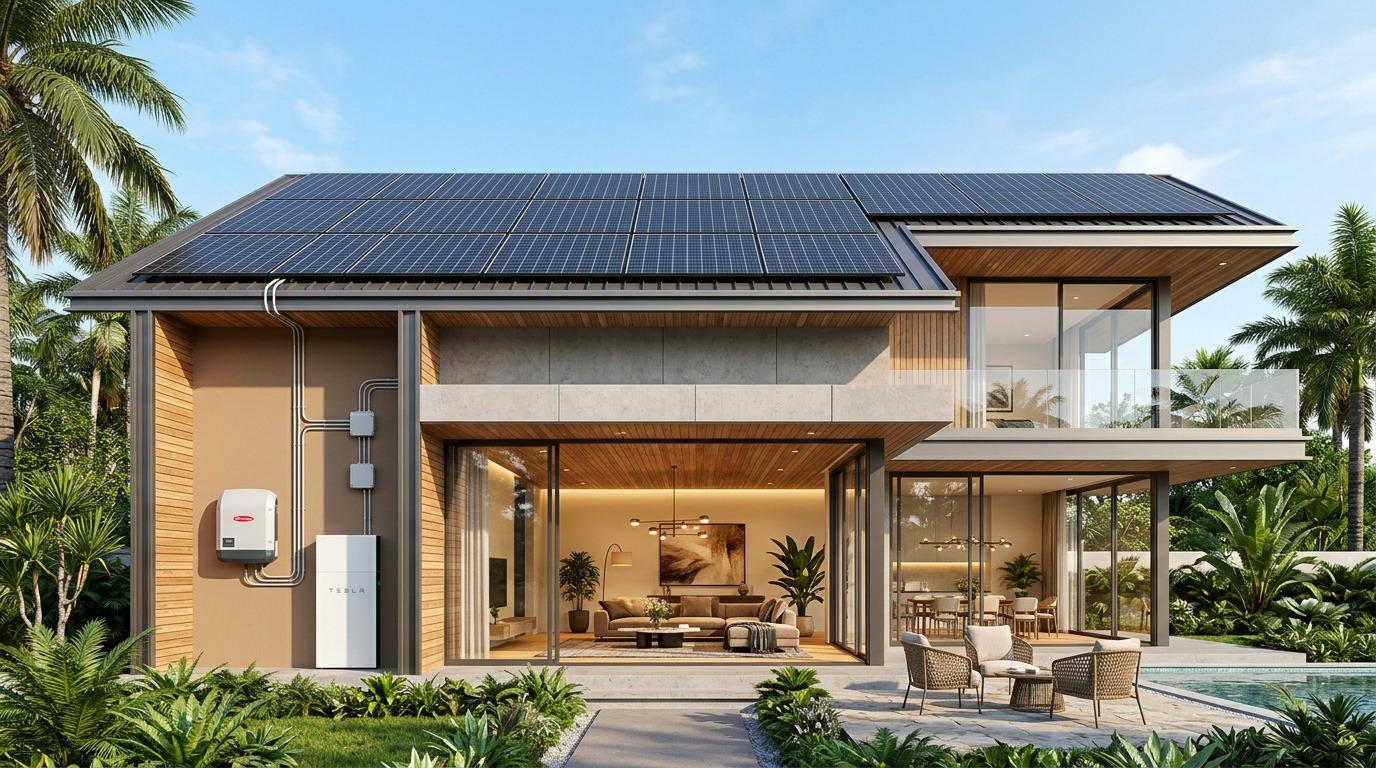 Modern house with solar energy system flow